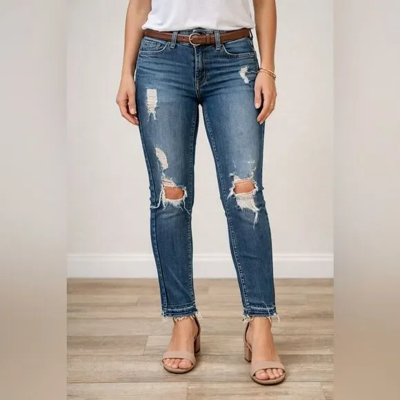 7 For All Mankind Distressed Skinny Jeans Sz 26 Raw Hem Stretch Denim - Picture 1 of 12